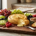 A perfectly baked brie cheese with a golden-brown crust and visible molten interior, artfully scored, centered on a minimalist serving board. It is elegantly surrounded by fresh red and green grapes, green apple slices, berries, toasted nuts, and artisanal crackers, all bathed in soft, warm natural light.