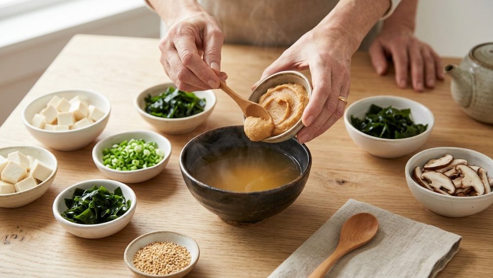 An overhead shot shows elegant hands gently scooping light brown miso paste into a bowl of clear, subtly steaming dashi broth. Around it, an array of small, clean ceramic bowls hold vibrant miso soup toppings: finely diced tofu, bright green scallions, deep green wakame, sliced shiitake mushrooms, and golden sesame seeds. The scene is set on a light wooden table, bathed in soft, diffused natural light, creating a clean, wholesome, and inviting atmosphere.