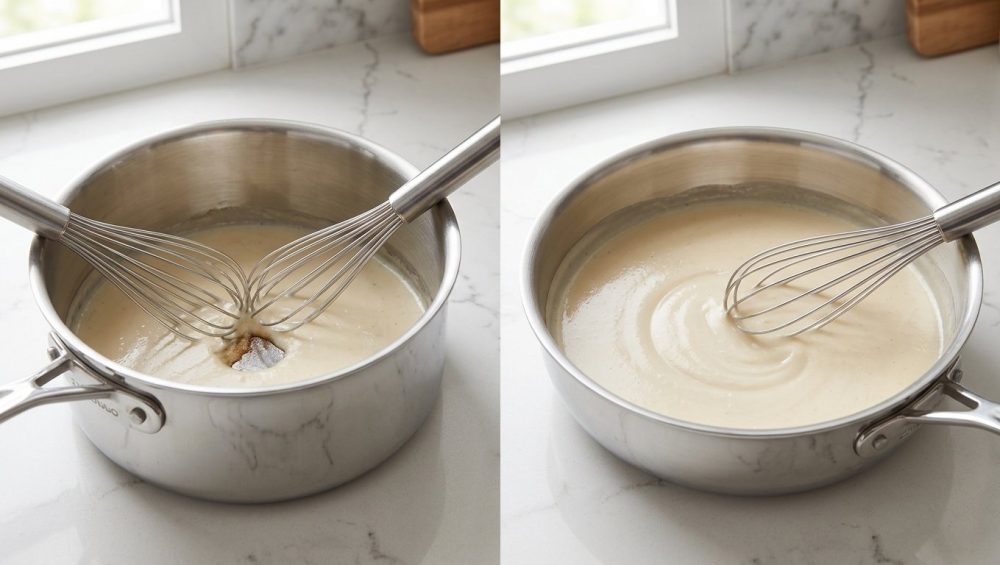 Two photorealistic stainless steel pans sit side-by-side on a clean kitchen counter, illustrating contrasting designs for whisking. The left pan, a straight-sided saucepan, has a sharp 90-degree internal corner where a light sauce shows a small burnt patch, and a whisk struggles to reach it. The right pan, a saucier with gently curved walls, holds the same sauce, now perfectly smooth, as an identical whisk glides effortlessly along its continuous base. Bright studio lighting highlights the metallic sheen and sauce textures.
