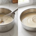 Two photorealistic stainless steel pans sit side-by-side on a clean kitchen counter, illustrating contrasting designs for whisking. The left pan, a straight-sided saucepan, has a sharp 90-degree internal corner where a light sauce shows a small burnt patch, and a whisk struggles to reach it. The right pan, a saucier with gently curved walls, holds the same sauce, now perfectly smooth, as an identical whisk glides effortlessly along its continuous base. Bright studio lighting highlights the metallic sheen and sauce textures.
