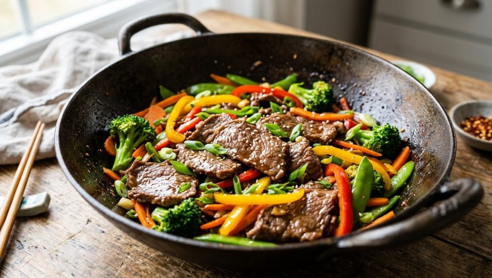 A vibrant, photorealistic close-up of a freshly prepared stir-fry dish. Tender, glistening slices of meat are mixed with bright, crisp red and yellow bell peppers, green broccoli florets, and thinly sliced carrots. A subtle, glossy sauce lightly coats the ingredients in a modern ceramic bowl, with soft, natural light emphasizing its fresh textures against a softly blurred background.