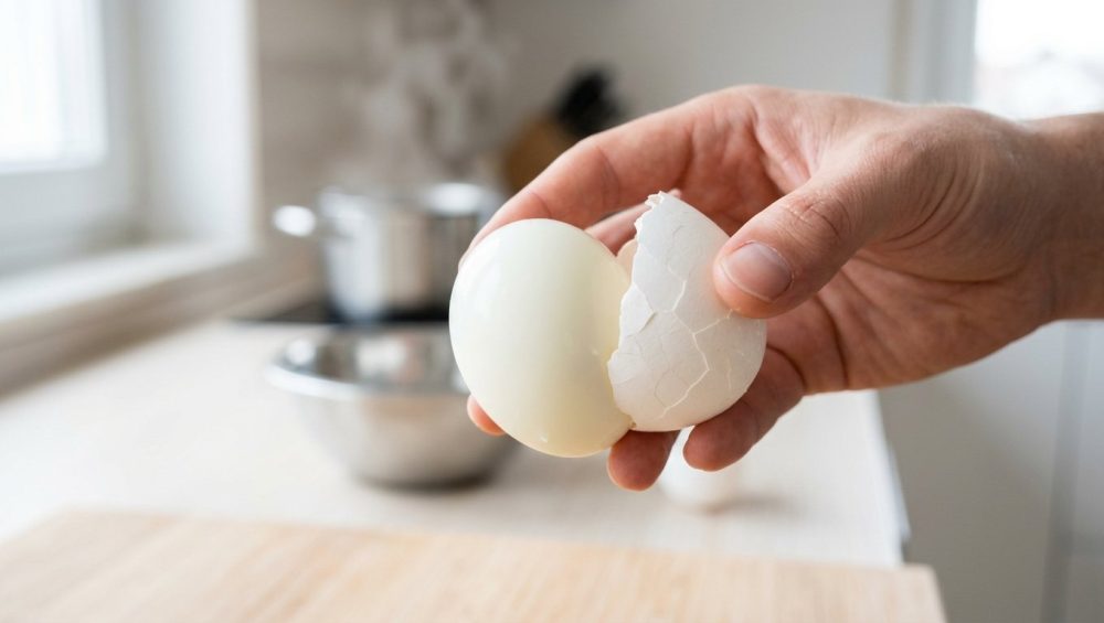 A close-up, photorealistic shot of a hand effortlessly peeling a perfectly hard-boiled egg, revealing a smooth, unmarred white surface. The shell separates cleanly, with a soft, minimalist kitchen background.