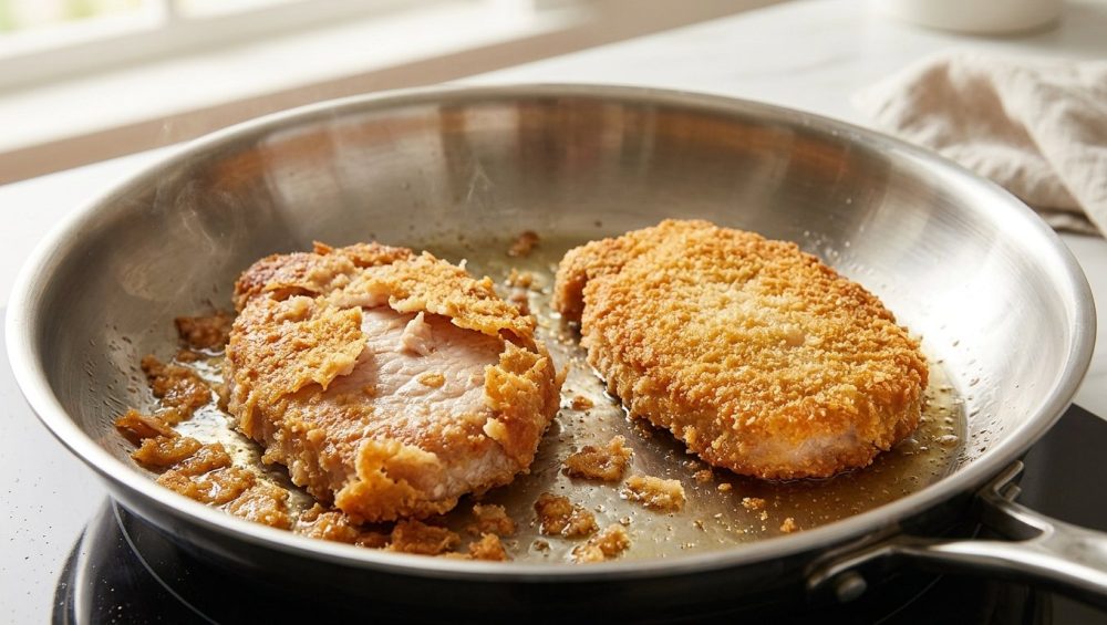 A close-up of two breaded meat cutlets frying in a hot skillet: one perfectly golden and crisp, the other with its breading peeling off messily, illustrating successful versus failed pan-frying.