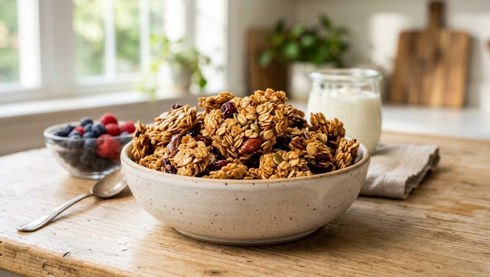 A close-up of perfectly clustered, golden-brown granola in an elegant ceramic bowl on a light wooden table. A softly blurred background shows berries and yogurt, all bathed in warm morning light, evoking a wholesome breakfast.