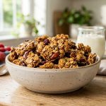 A close-up of perfectly clustered, golden-brown granola in an elegant ceramic bowl on a light wooden table. A softly blurred background shows berries and yogurt, all bathed in warm morning light, evoking a wholesome breakfast.
