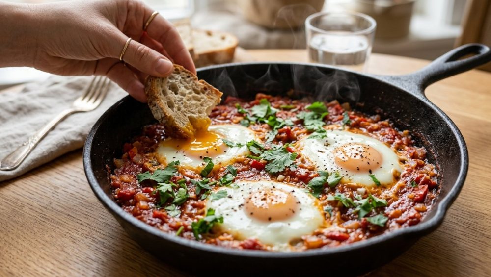 A close-up of jammy-yolked eggs in a vibrant red tomato base, served hot with steam rising from a rustic cast-iron skillet on a wooden table. A hand with crusty bread reaches in to dip, garnished with fresh green herbs and pepper.