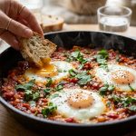 A close-up of jammy-yolked eggs in a vibrant red tomato base, served hot with steam rising from a rustic cast-iron skillet on a wooden table. A hand with crusty bread reaches in to dip, garnished with fresh green herbs and pepper.