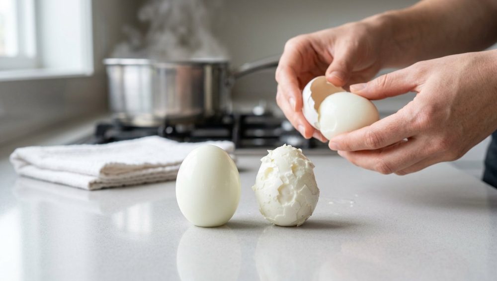 A high-resolution, ultra-photorealistic image captures a clean kitchen countertop with two hard-boiled eggs: one perfectly peeled and smooth, the other damaged with torn white and clinging shell. In the mid-ground, hands expertly peel a third egg cleanly. A steaming pot and tea towel in the soft-focus background hint at cooking. The bright, detailed scene conveys a satisfying and precise culinary moment.