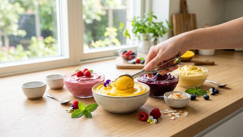 A high-resolution, photorealistic image shows a hand effortlessly scooping vibrant, creamy dairy-free sorbet from a clear glass bowl. An array of colorful frozen desserts, garnished with fresh berries and mint, is beautifully arranged on a clean, sunlit countertop.