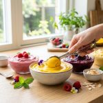 A high-resolution, photorealistic image shows a hand effortlessly scooping vibrant, creamy dairy-free sorbet from a clear glass bowl. An array of colorful frozen desserts, garnished with fresh berries and mint, is beautifully arranged on a clean, sunlit countertop.