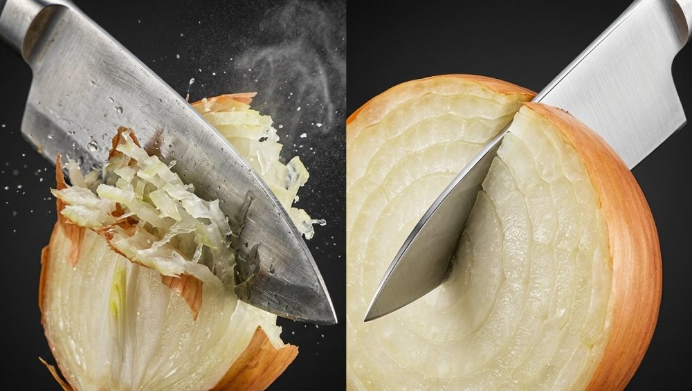 Ultra-detailed, photorealistic macro shot of an onion being cut, dramatically contrasting a rough, cell-crushing cut by a worn knife releasing irritant droplets, against a perfectly smooth, precise slice by a sharp chef's knife revealing intact, hexagonal cells.