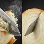 Ultra-detailed, photorealistic macro shot of an onion being cut, dramatically contrasting a rough, cell-crushing cut by a worn knife releasing irritant droplets, against a perfectly smooth, precise slice by a sharp chef's knife revealing intact, hexagonal cells.