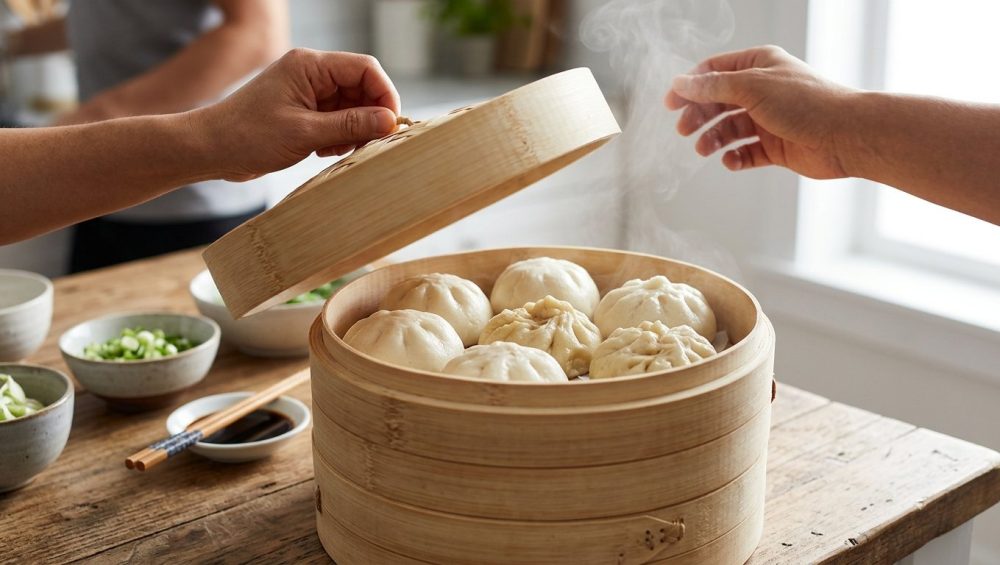 A photorealistic image of adult hands gently lifting the lid of a multi-tiered bamboo steamer, revealing a mix of perfectly plump, fluffy white bao buns and some subtly wrinkled ones. Delicate steam rises, illuminated by bright natural light in a clean kitchen with a softly blurred background, suggesting a home-cooked meal.