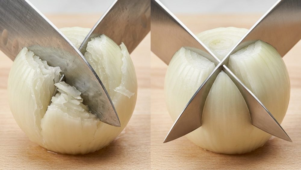A hyper-realistic studio photograph showing a side-by-side comparison of a dull versus a sharp knife cutting a white onion on a light cutting board. On the left, a dull knife crushes the onion, creating jagged, torn cell layers and a subtle haze. On the right, a gleaming, razor-sharp knife cleanly slices, revealing perfectly smooth, intact cell layers.