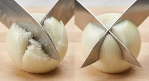A hyper-realistic studio photograph showing a side-by-side comparison of a dull versus a sharp knife cutting a white onion on a light cutting board. On the left, a dull knife crushes the onion, creating jagged, torn cell layers and a subtle haze. On the right, a gleaming, razor-sharp knife cleanly slices, revealing perfectly smooth, intact cell layers.