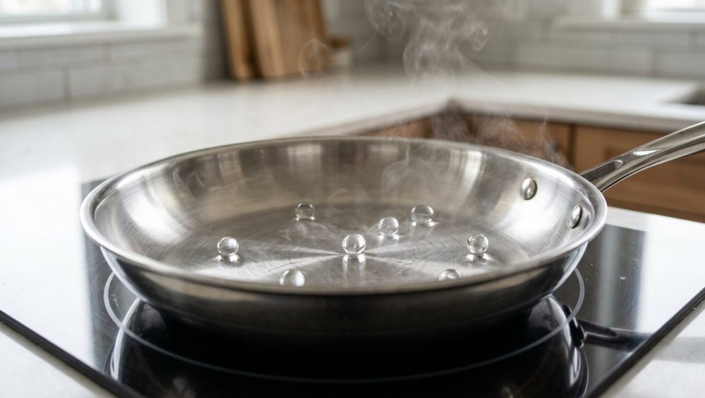 A photorealistic close-up shows an empty, gleaming stainless steel skillet on a stovetop, with spherical water droplets rapidly skittering and dancing across its superheated surface, vividly illustrating the Leidenfrost effect in a clean, modern kitchen.