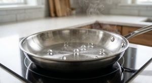 A photorealistic close-up shows an empty, gleaming stainless steel skillet on a stovetop, with spherical water droplets rapidly skittering and dancing across its superheated surface, vividly illustrating the Leidenfrost effect in a clean, modern kitchen.