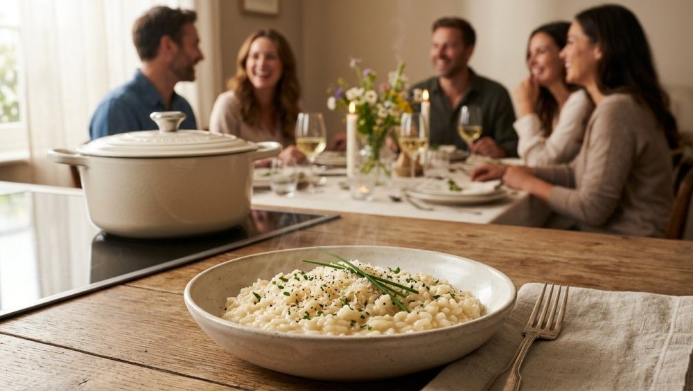 A photorealistic image features a perfectly plated bowl of creamy risotto, garnished with a fresh herb sprig and Parmesan, subtly steaming under warm light. In the soft-focus background, an enameled Dutch oven sits on a clean stovetop, and further back, blurred guests enjoy a sophisticated dinner party around an elegantly set table, creating an inviting and warm atmosphere.