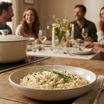 A photorealistic image features a perfectly plated bowl of creamy risotto, garnished with a fresh herb sprig and Parmesan, subtly steaming under warm light. In the soft-focus background, an enameled Dutch oven sits on a clean stovetop, and further back, blurred guests enjoy a sophisticated dinner party around an elegantly set table, creating an inviting and warm atmosphere.