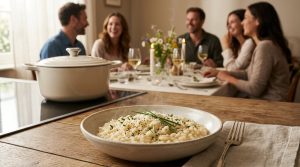 A photorealistic image features a perfectly plated bowl of creamy risotto, garnished with a fresh herb sprig and Parmesan, subtly steaming under warm light. In the soft-focus background, an enameled Dutch oven sits on a clean stovetop, and further back, blurred guests enjoy a sophisticated dinner party around an elegantly set table, creating an inviting and warm atmosphere.