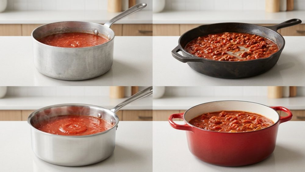 A photorealistic comparison of four pots of red tomato sauce simmering on a counter. Reactive aluminum and bare cast iron show wear and discoloration, contrasting with pristine stainless steel and enamel-coated cast iron, which remain unblemished.