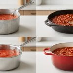 A photorealistic comparison of four pots of red tomato sauce simmering on a counter. Reactive aluminum and bare cast iron show wear and discoloration, contrasting with pristine stainless steel and enamel-coated cast iron, which remain unblemished.