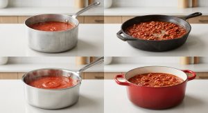 A photorealistic comparison of four pots of red tomato sauce simmering on a counter. Reactive aluminum and bare cast iron show wear and discoloration, contrasting with pristine stainless steel and enamel-coated cast iron, which remain unblemished.