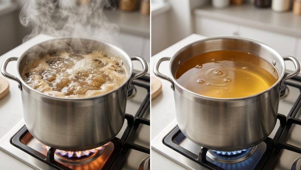 A photorealistic diptych shows two stainless steel stock pots. The left pot furiously boils a cloudy, foamy liquid, while the right pot gently simmers a crystal-clear, golden liquid, demonstrating a stark visual contrast.