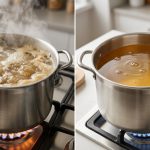 A photorealistic diptych shows two stainless steel stock pots. The left pot furiously boils a cloudy, foamy liquid, while the right pot gently simmers a crystal-clear, golden liquid, demonstrating a stark visual contrast.