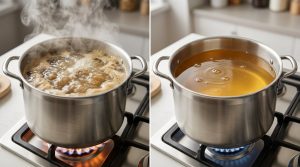 A photorealistic diptych shows two stainless steel stock pots. The left pot furiously boils a cloudy, foamy liquid, while the right pot gently simmers a crystal-clear, golden liquid, demonstrating a stark visual contrast.