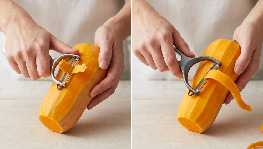 A photorealistic diptych contrasts two peeling techniques for a butternut squash. On the left, tense hands with white knuckles struggle to peel a vibrant orange butternut squash using a traditional swivel peeler, tearing off ragged, uneven pieces of skin. On the right, relaxed hands effortlessly glide a sleek Y-peeler, creating a long, perfectly uniform strip of peel from the same squash. Both close-up scenes are brightly lit and set against a clean kitchen countertop, highlighting the stark difference in ease and efficiency.
