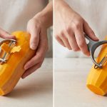 A photorealistic diptych contrasts two peeling techniques for a butternut squash. On the left, tense hands with white knuckles struggle to peel a vibrant orange butternut squash using a traditional swivel peeler, tearing off ragged, uneven pieces of skin. On the right, relaxed hands effortlessly glide a sleek Y-peeler, creating a long, perfectly uniform strip of peel from the same squash. Both close-up scenes are brightly lit and set against a clean kitchen countertop, highlighting the stark difference in ease and efficiency.