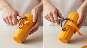 A photorealistic diptych contrasts two peeling techniques for a butternut squash. On the left, tense hands with white knuckles struggle to peel a vibrant orange butternut squash using a traditional swivel peeler, tearing off ragged, uneven pieces of skin. On the right, relaxed hands effortlessly glide a sleek Y-peeler, creating a long, perfectly uniform strip of peel from the same squash. Both close-up scenes are brightly lit and set against a clean kitchen countertop, highlighting the stark difference in ease and efficiency.