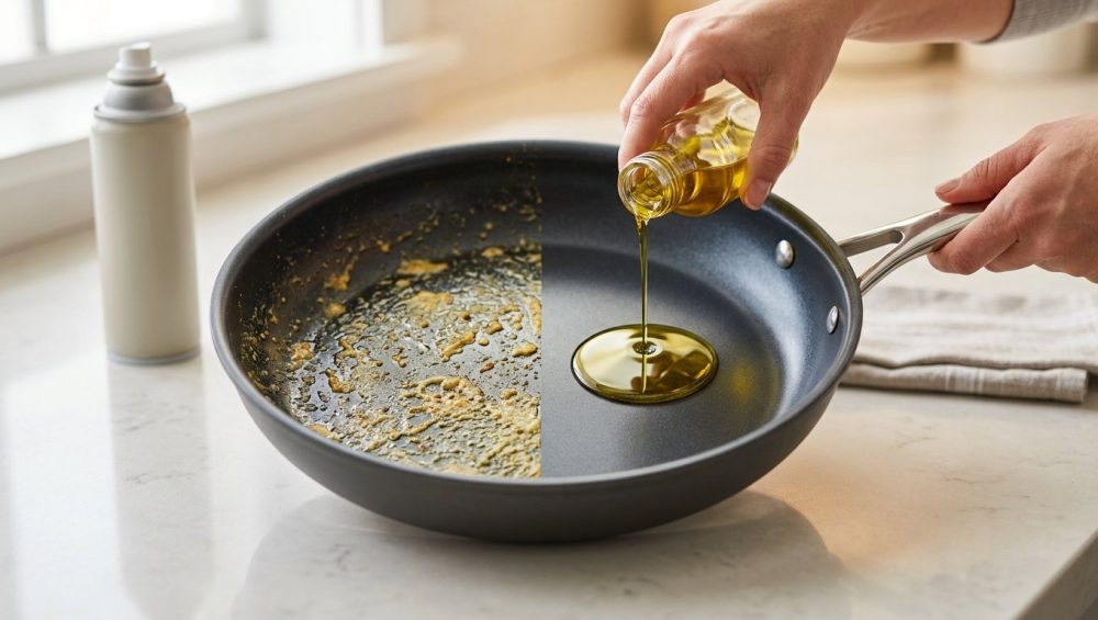 A striking close-up of a nonstick frying pan divided into two halves: one side dull and covered in sticky, yellowish-brown residue with a cooking spray can nearby, the other side pristine and reflective with fresh olive oil being poured by gentle hands. Contrasting studio lighting emphasizes the residue as a problem and the clean oil as a solution.