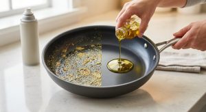 A striking close-up of a nonstick frying pan divided into two halves: one side dull and covered in sticky, yellowish-brown residue with a cooking spray can nearby, the other side pristine and reflective with fresh olive oil being poured by gentle hands. Contrasting studio lighting emphasizes the residue as a problem and the clean oil as a solution.