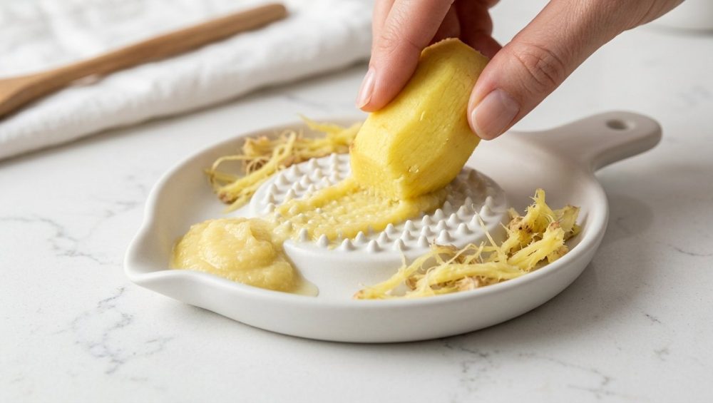 A close-up, photorealistic image of clean fingers grating fresh ginger on a white ceramic oroshigane grater. Smooth ginger puree accumulates on the grater, with tough fibers neatly separated around the edge, all on a bright, clean kitchen counter.