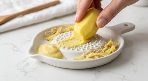 A close-up, photorealistic image of clean fingers grating fresh ginger on a white ceramic oroshigane grater. Smooth ginger puree accumulates on the grater, with tough fibers neatly separated around the edge, all on a bright, clean kitchen counter.
