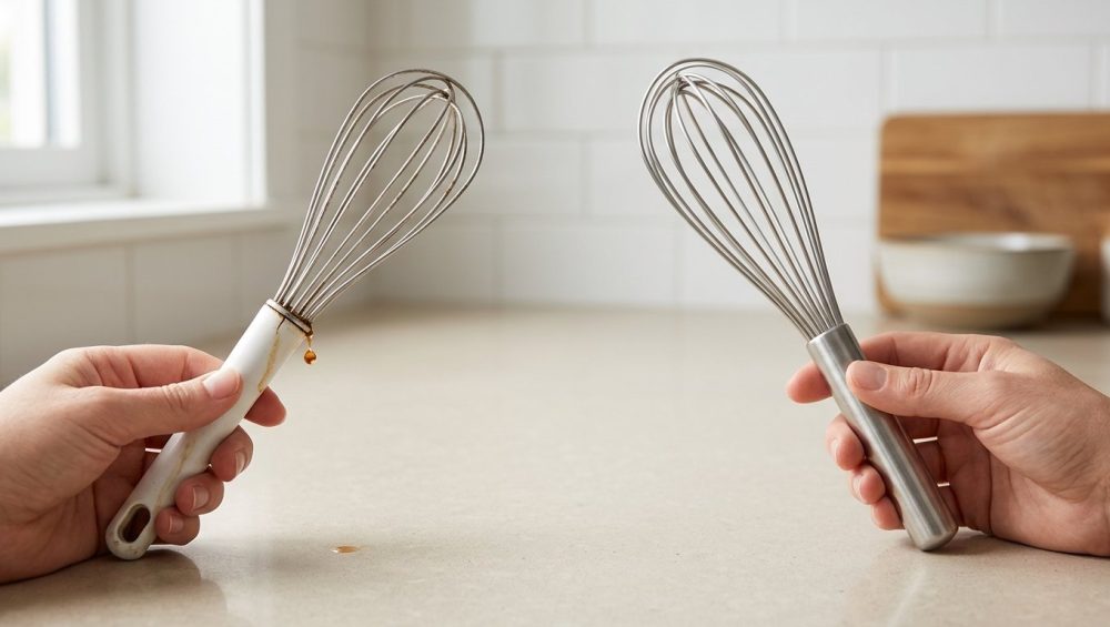 A photorealistic close-up on a clean, light kitchen countertop shows two whisks side-by-side. On the left, a hand gently tilts a used whisk with a hollow handle, revealing a rusty water droplet seeping from a visible seam and staining the handle. On the right, another hand confidently holds up a pristine, seamless, solid brushed stainless steel whisk, highlighting its hygienic and durable construction.