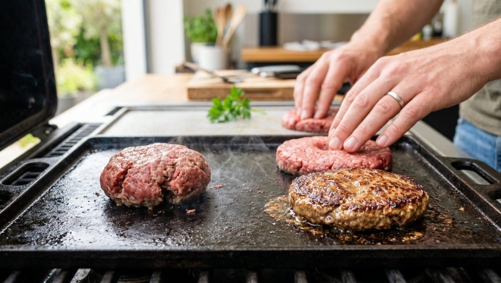 A photorealistic close-up shows burger patties cooking on a hot griddle, demonstrating a home cooking technique. On the left, a raw patty swells into a spherical shape. On the right, a dimpled raw patty and a perfectly flat, golden-brown cooked burger patty illustrate the successful technique, with home cook hands tending to them.