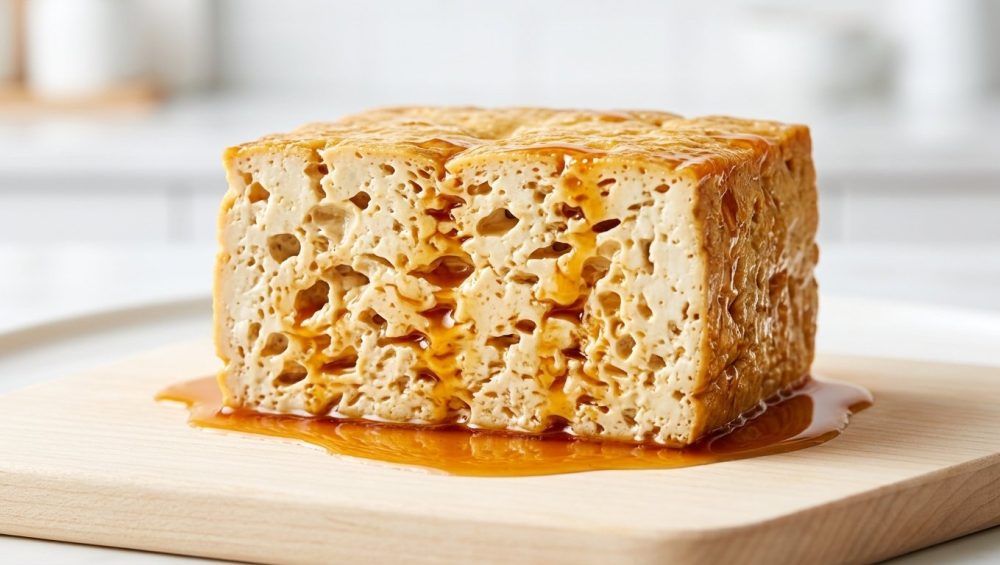 A close-up, hyperrealistic photo of a cut tofu block revealing a highly porous, sponge-like interior, deeply saturated and glistening with a vibrant amber marinade. A small pool of marinade gathers at its base. Presented on a clean, light-colored surface with a softly blurred kitchen background.