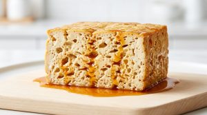 A close-up, hyperrealistic photo of a cut tofu block revealing a highly porous, sponge-like interior, deeply saturated and glistening with a vibrant amber marinade. A small pool of marinade gathers at its base. Presented on a clean, light-colored surface with a softly blurred kitchen background.