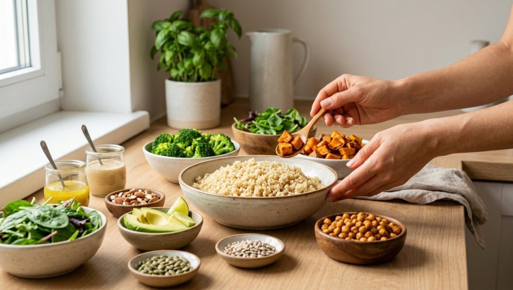 An inviting Buddha bowl station on a clean, light surface, bathed in soft natural light. A large rustic bowl of fluffy quinoa is surrounded by smaller bowls of vibrant components: roasted sweet potato, broccoli, spinach, avocado, crispy chickpeas, nuts, and dressings. Warm-toned hands reach in, poised to scoop.