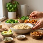 An inviting Buddha bowl station on a clean, light surface, bathed in soft natural light. A large rustic bowl of fluffy quinoa is surrounded by smaller bowls of vibrant components: roasted sweet potato, broccoli, spinach, avocado, crispy chickpeas, nuts, and dressings. Warm-toned hands reach in, poised to scoop.