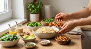An inviting Buddha bowl station on a clean, light surface, bathed in soft natural light. A large rustic bowl of fluffy quinoa is surrounded by smaller bowls of vibrant components: roasted sweet potato, broccoli, spinach, avocado, crispy chickpeas, nuts, and dressings. Warm-toned hands reach in, poised to scoop.