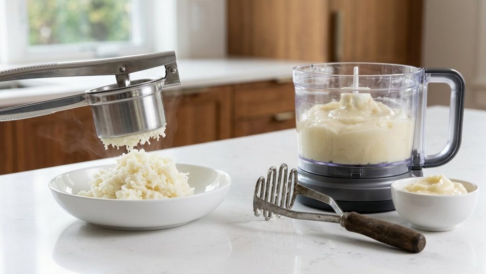 A highly detailed, photorealistic image contrasting two mashed potato preparations on a clean kitchen counter. On the left, a ricer extrudes a delicate, fluffy mound of bright white, airy mashed potatoes. On the right, a food processor yields dense, grayish, gluey, pasty mashed potatoes in a bowl, with a hand masher nearby.