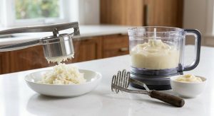 A highly detailed, photorealistic image contrasting two mashed potato preparations on a clean kitchen counter. On the left, a ricer extrudes a delicate, fluffy mound of bright white, airy mashed potatoes. On the right, a food processor yields dense, grayish, gluey, pasty mashed potatoes in a bowl, with a hand masher nearby.