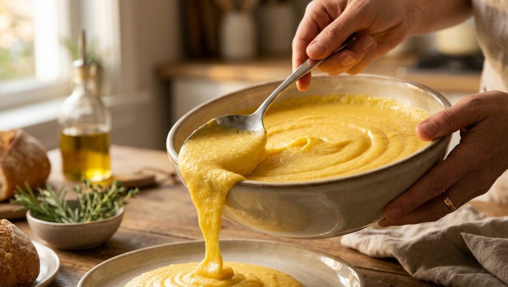 A photorealistic image of hands scooping rich, creamy golden polenta from a rustic ceramic serving bowl with a silver spoon. Bathed in warm golden hour light, the polenta flows smoothly onto a plate in a soft-focus home kitchen.