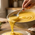 A photorealistic image of hands scooping rich, creamy golden polenta from a rustic ceramic serving bowl with a silver spoon. Bathed in warm golden hour light, the polenta flows smoothly onto a plate in a soft-focus home kitchen.