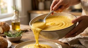 A photorealistic image of hands scooping rich, creamy golden polenta from a rustic ceramic serving bowl with a silver spoon. Bathed in warm golden hour light, the polenta flows smoothly onto a plate in a soft-focus home kitchen.