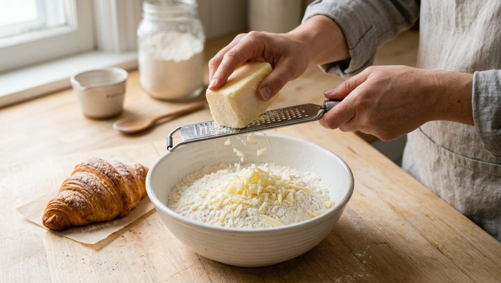 A high-angle close-up shows hands grating frozen light yellow butter into a white bowl of flour, producing delicate, visible flakes. Next to the bowl, a golden, flaky pastry sits on a light counter. The scene is bright, clean, and detailed, set in a modern kitchen.